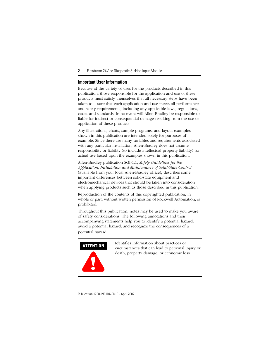 Important user information | Rockwell Automation 1798-IB4D FlexArmor 24V dc Diagnostic Sinking Input Module User Manual | Page 2 / 8