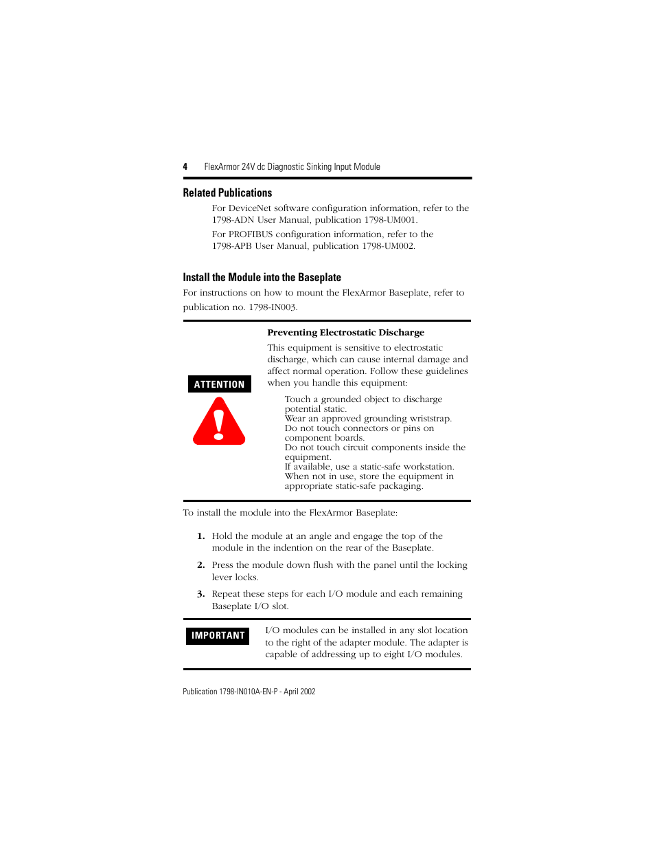 Related publications, Install the module into the baseplate | Rockwell Automation 1798-IB4D FlexArmor 24V dc Diagnostic Sinking Input Module User Manual | Page 4 / 8