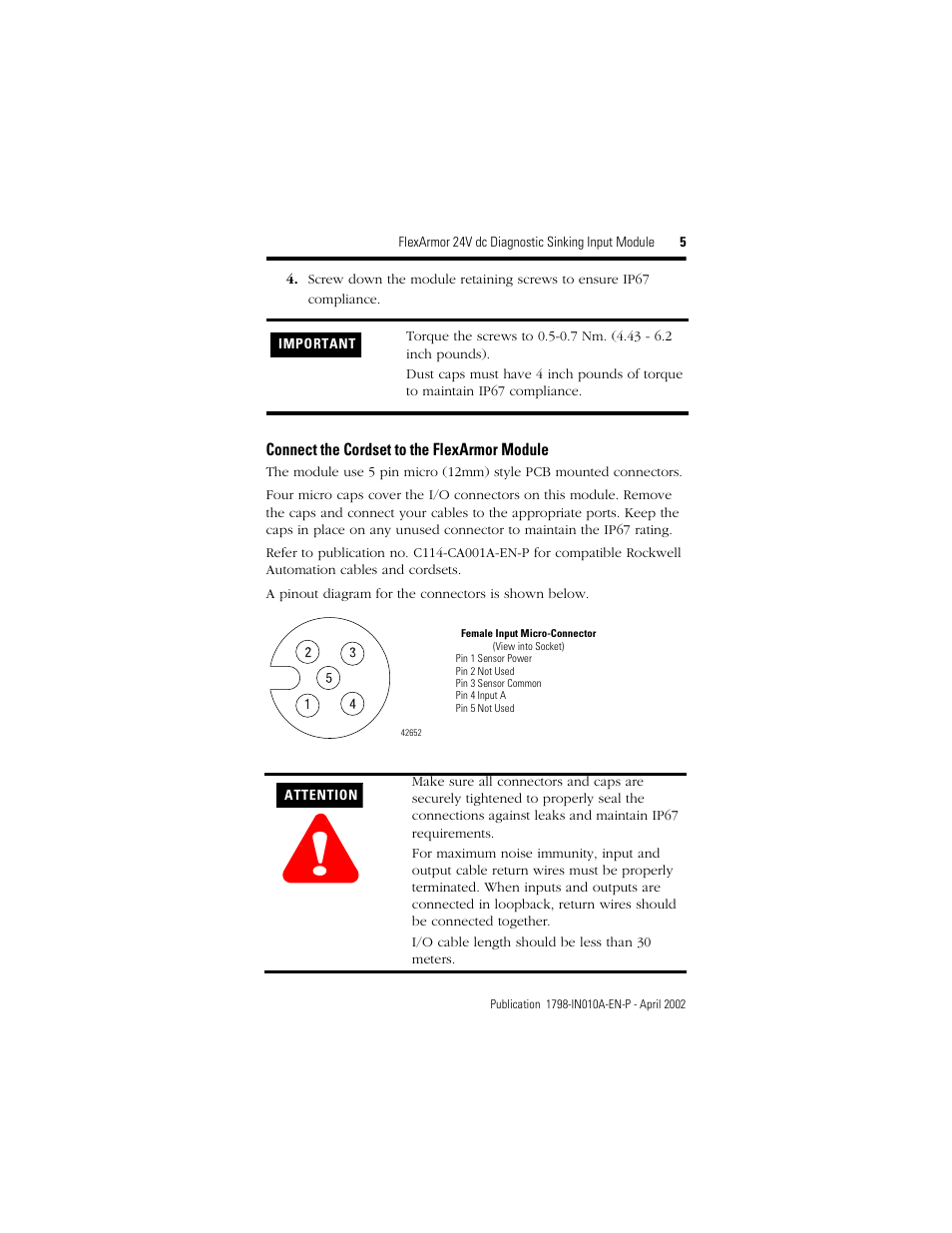 Connect the cordset to the flexarmor module | Rockwell Automation 1798-IB4D FlexArmor 24V dc Diagnostic Sinking Input Module User Manual | Page 5 / 8