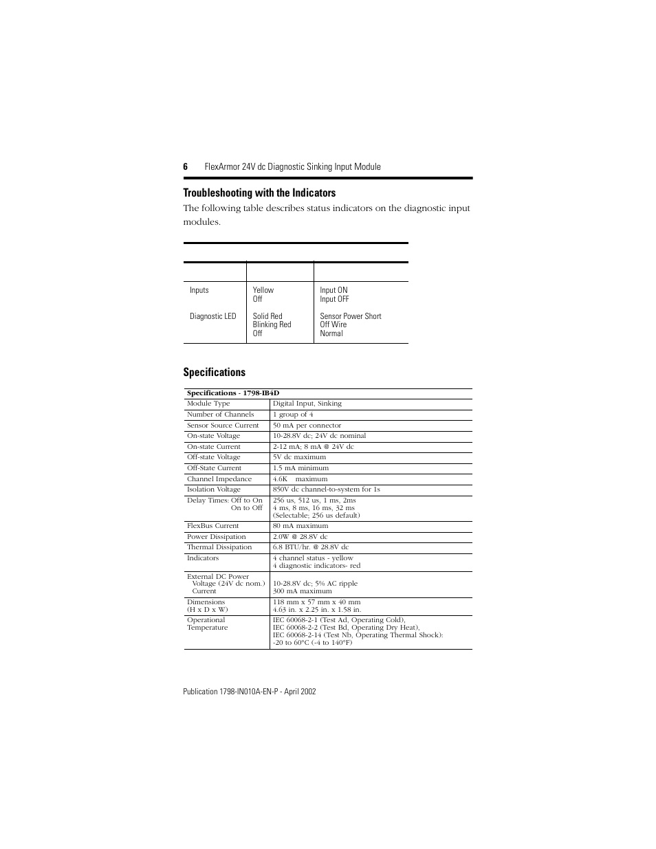 Troubleshooting with the indicators, Specifications | Rockwell Automation 1798-IB4D FlexArmor 24V dc Diagnostic Sinking Input Module User Manual | Page 6 / 8