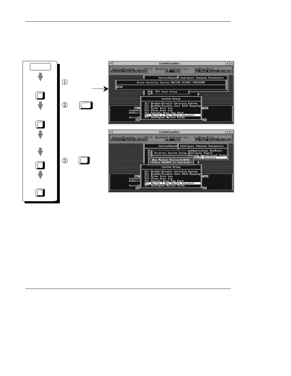 Defininganewmasterpassword, Settingupusersecurityparameters, Defining a new master password | Setting up user security parameters | Rockwell Automation 9330-CC ControlGuardian User's Guide User Manual | Page 128 / 176