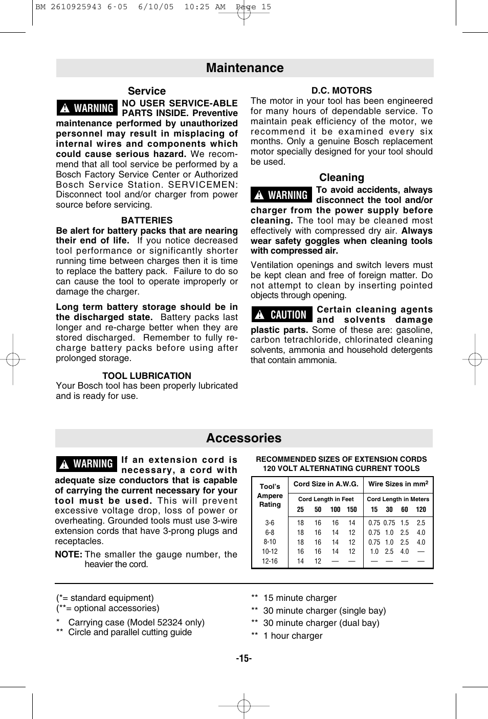 Accessories maintenance, Warning, Service | Cleaning, Caution | Bosch 52318 User Manual | Page 15 / 44