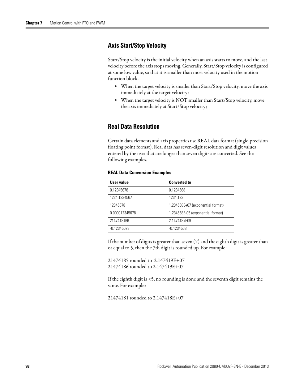 Axis start/stop velocity, Real data resolution, Axis start/stop velocity real data resolution | Rockwell Automation 2080-LC50 Micro830 and Micro850 Programmable Controllers User Manual User Manual | Page 112 / 270