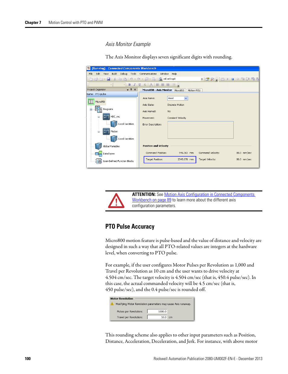 Axis monitor example, Pto pulse accuracy | Rockwell Automation 2080-LC50 Micro830 and Micro850 Programmable Controllers User Manual User Manual | Page 114 / 270