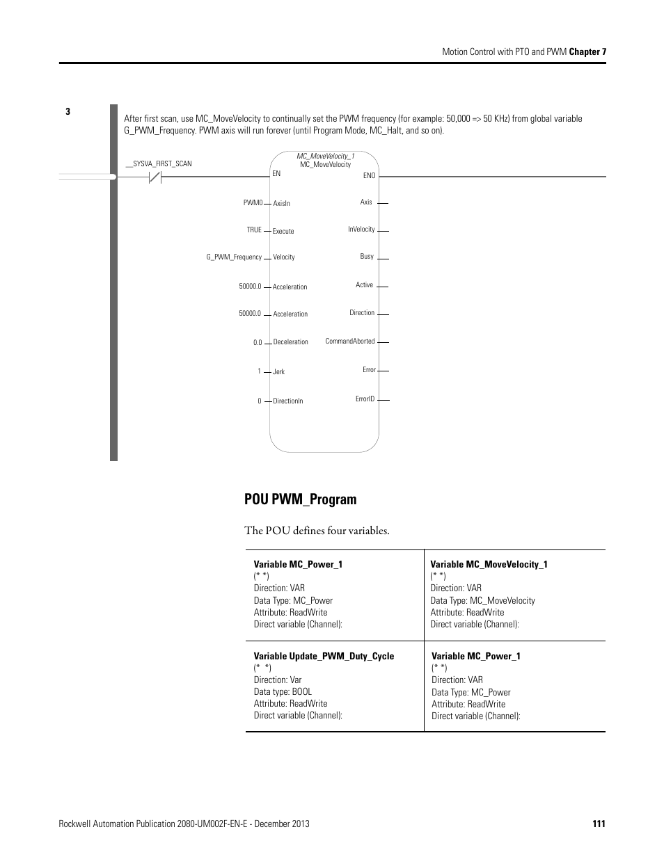 Pou pwm_program, The pou defines four variables | Rockwell Automation 2080-LC50 Micro830 and Micro850 Programmable Controllers User Manual User Manual | Page 125 / 270