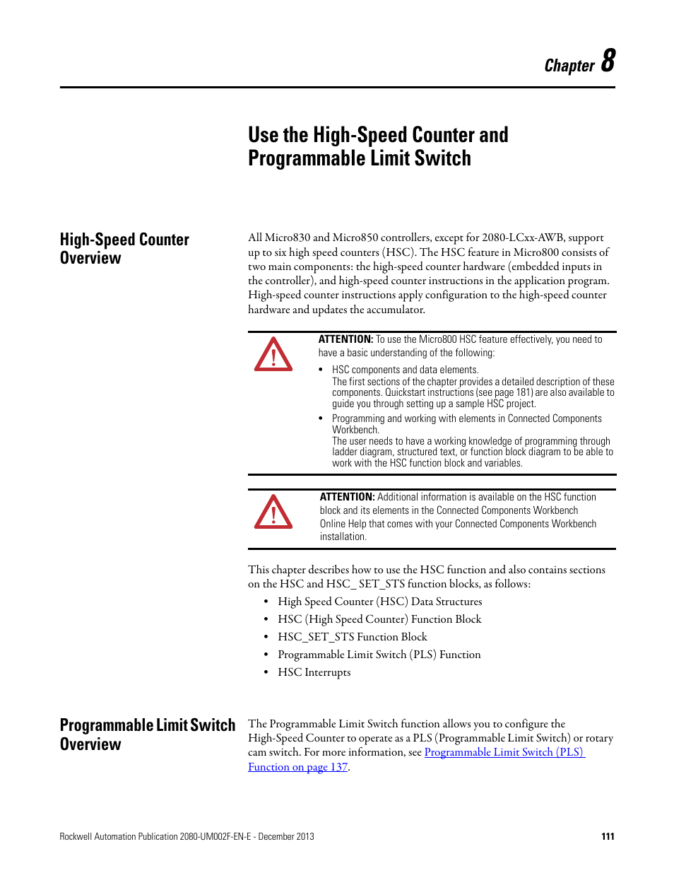 High-speed counter overview, Programmable limit switch overview, Chapter 8 | Chapter | Rockwell Automation 2080-LC50 Micro830 and Micro850 Programmable Controllers User Manual User Manual | Page 127 / 270