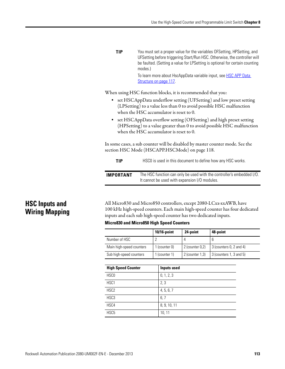 Hsc inputs and wiring mapping | Rockwell Automation 2080-LC50 Micro830 and Micro850 Programmable Controllers User Manual User Manual | Page 129 / 270