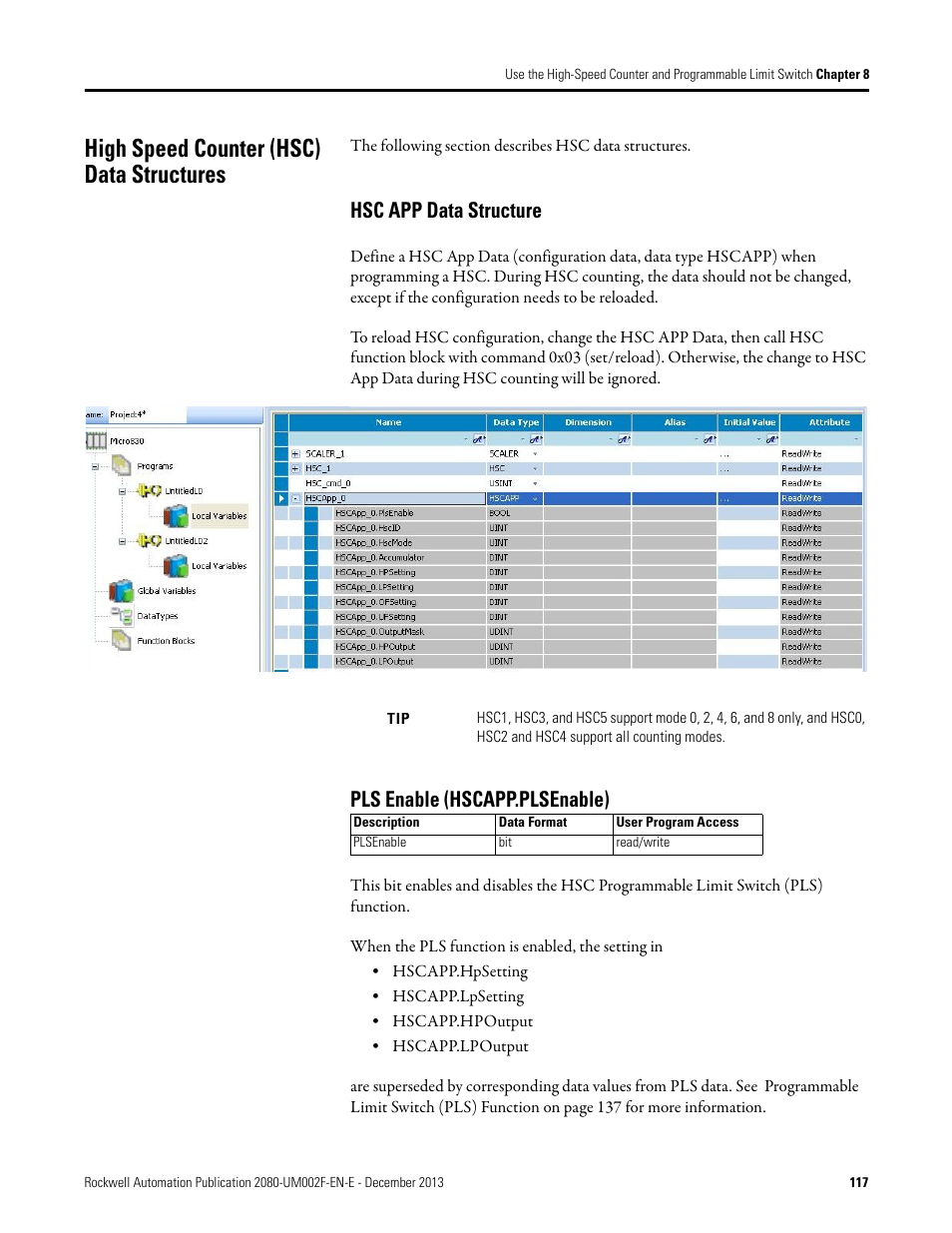 High speed counter (hsc) data structures, Hsc app data structure, Pls enable (hscapp.plsenable) | Data variable input, see, Hsc app data | Rockwell Automation 2080-LC50 Micro830 and Micro850 Programmable Controllers User Manual User Manual | Page 133 / 270