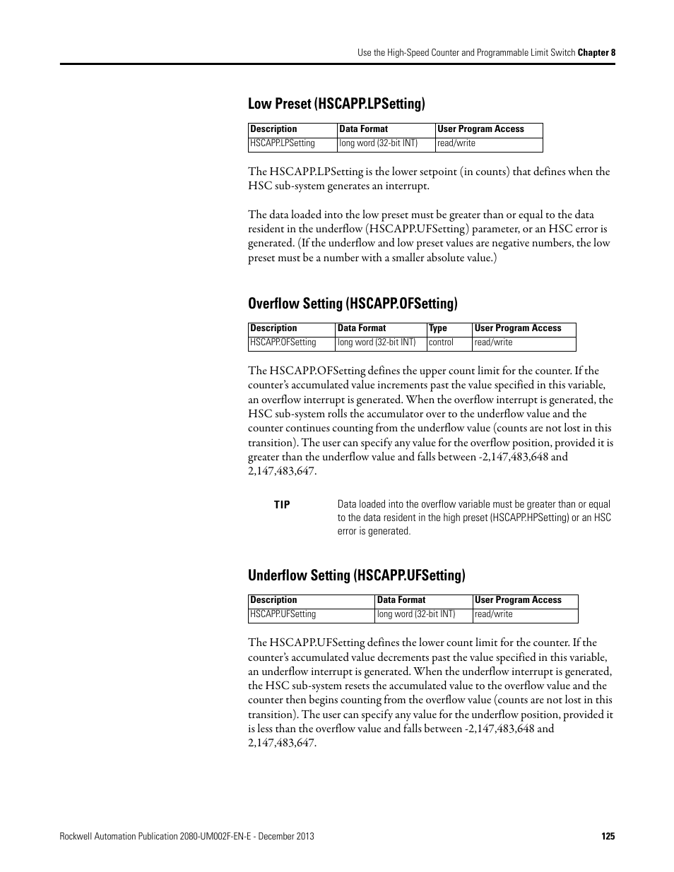 Low preset (hscapp.lpsetting), Overflow setting (hscapp.ofsetting), Underflow setting (hscapp.ufsetting) | Rockwell Automation 2080-LC50 Micro830 and Micro850 Programmable Controllers User Manual User Manual | Page 141 / 270