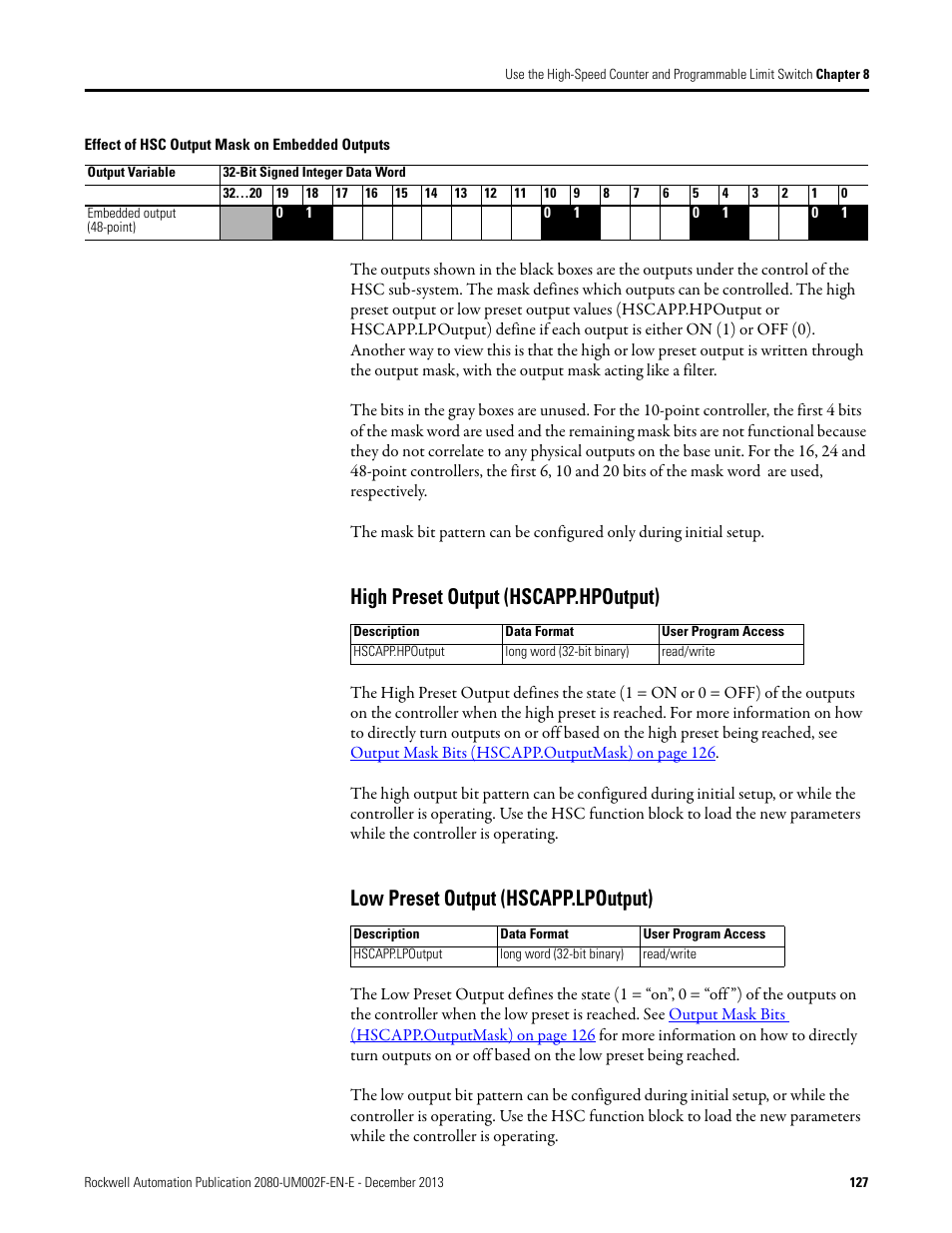 High preset output (hscapp.hpoutput), Low preset output (hscapp.lpoutput) | Rockwell Automation 2080-LC50 Micro830 and Micro850 Programmable Controllers User Manual User Manual | Page 143 / 270