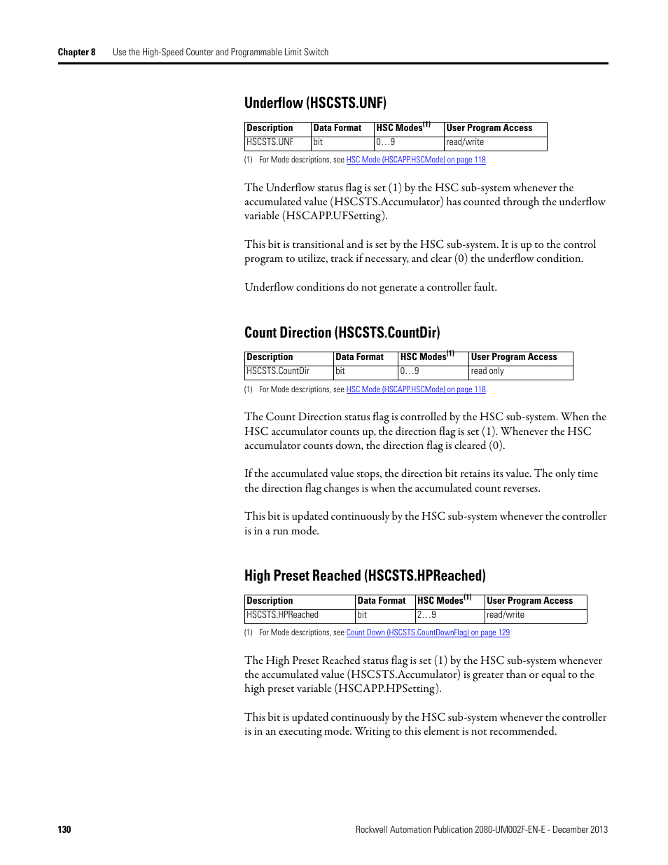 Underflow (hscsts.unf), Count direction (hscsts.countdir), High preset reached (hscsts.hpreached) | Rockwell Automation 2080-LC50 Micro830 and Micro850 Programmable Controllers User Manual User Manual | Page 146 / 270