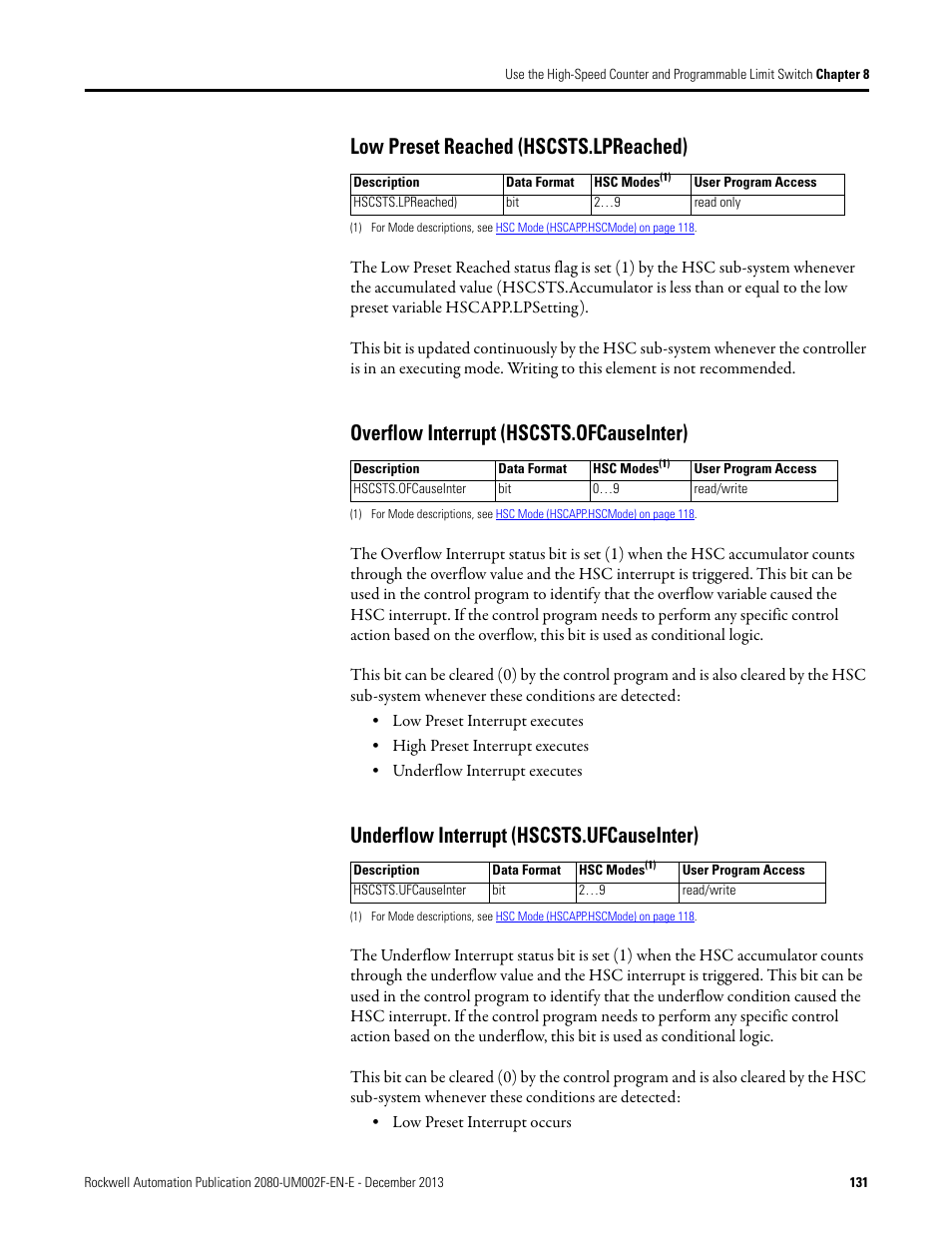 Low preset reached (hscsts.lpreached), Overflow interrupt (hscsts.ofcauseinter), Underflow interrupt (hscsts.ufcauseinter) | Rockwell Automation 2080-LC50 Micro830 and Micro850 Programmable Controllers User Manual User Manual | Page 147 / 270