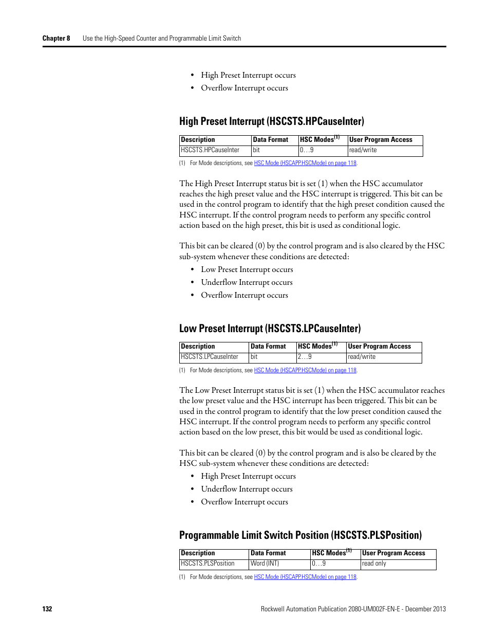 High preset interrupt (hscsts.hpcauseinter), Low preset interrupt (hscsts.lpcauseinter) | Rockwell Automation 2080-LC50 Micro830 and Micro850 Programmable Controllers User Manual User Manual | Page 148 / 270