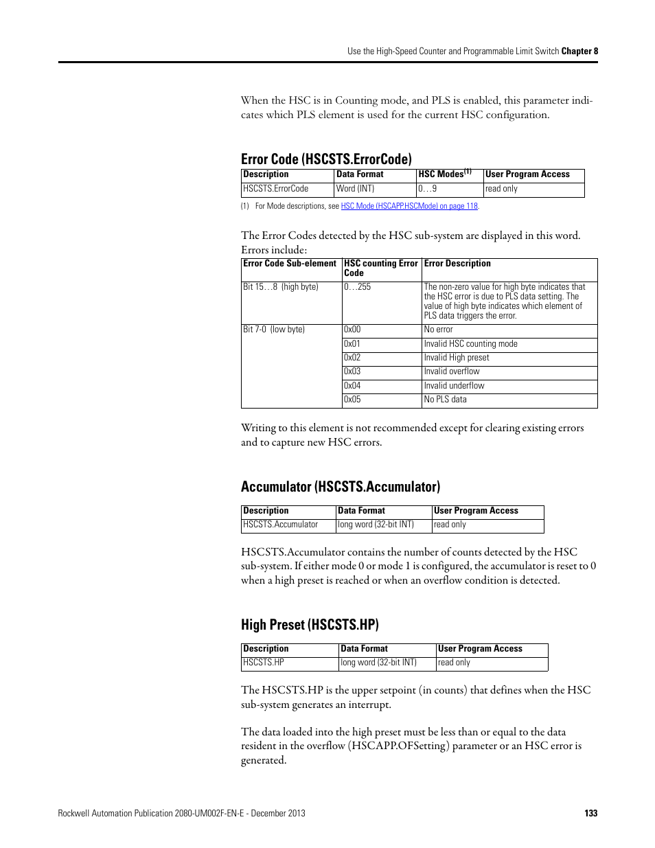 Error code (hscsts.errorcode), Accumulator (hscsts.accumulator), High preset (hscsts.hp) | Rockwell Automation 2080-LC50 Micro830 and Micro850 Programmable Controllers User Manual User Manual | Page 149 / 270