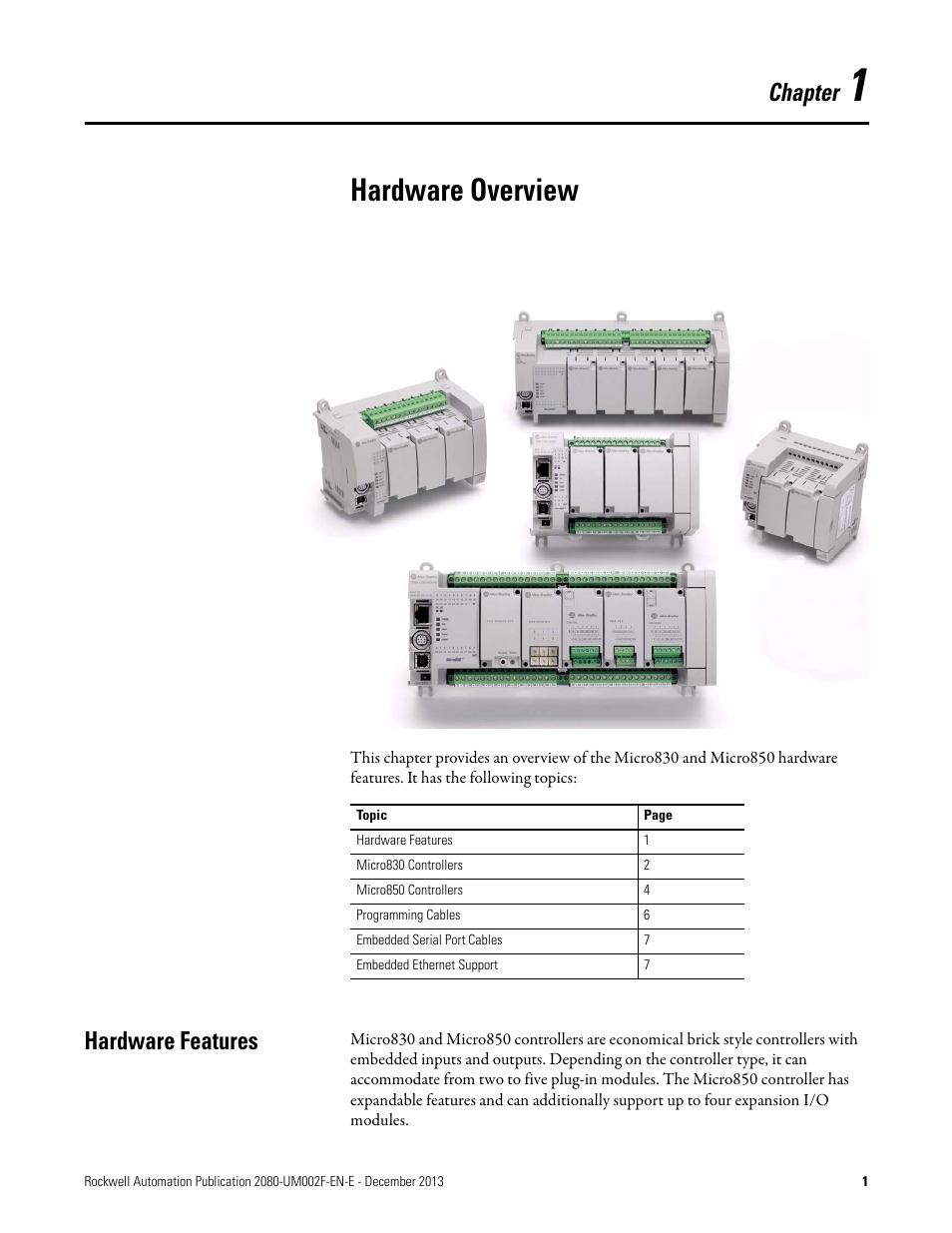 1 - hardware overview, Hardware features, Chapter 1 | Hardware overview, Chapter | Rockwell Automation 2080-LC50 Micro830 and Micro850 Programmable Controllers User Manual User Manual | Page 15 / 270