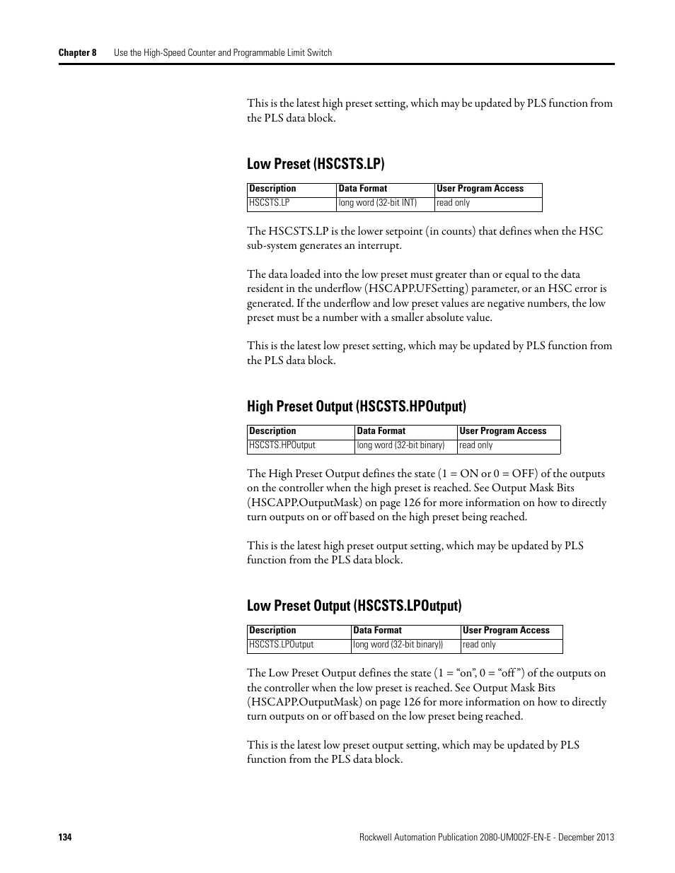 Low preset (hscsts.lp), High preset output (hscsts.hpoutput), Low preset output (hscsts.lpoutput) | Rockwell Automation 2080-LC50 Micro830 and Micro850 Programmable Controllers User Manual User Manual | Page 150 / 270