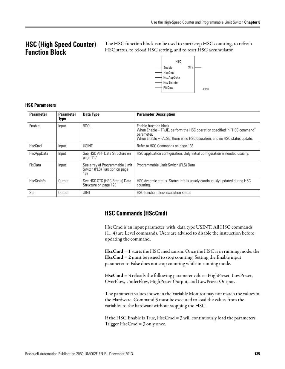 Hsc (high speed counter) function block, Hsc commands (hsccmd) | Rockwell Automation 2080-LC50 Micro830 and Micro850 Programmable Controllers User Manual User Manual | Page 151 / 270