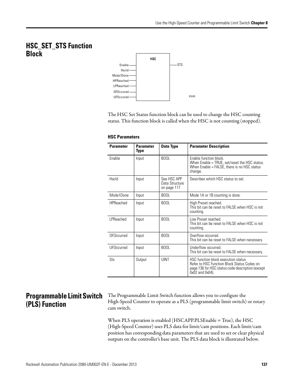 Hsc_set_sts function block, Programmable limit switch (pls) function, Programmable limit switch (pls) | Rockwell Automation 2080-LC50 Micro830 and Micro850 Programmable Controllers User Manual User Manual | Page 153 / 270