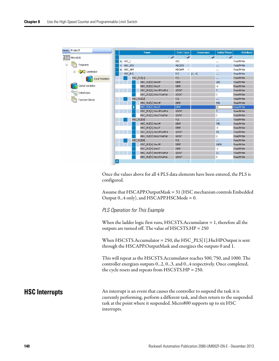 Pls operation for this example, Hsc interrupts | Rockwell Automation 2080-LC50 Micro830 and Micro850 Programmable Controllers User Manual User Manual | Page 156 / 270