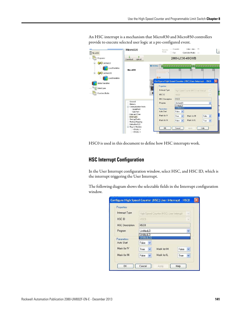 Hsc interrupt configuration | Rockwell Automation 2080-LC50 Micro830 and Micro850 Programmable Controllers User Manual User Manual | Page 157 / 270