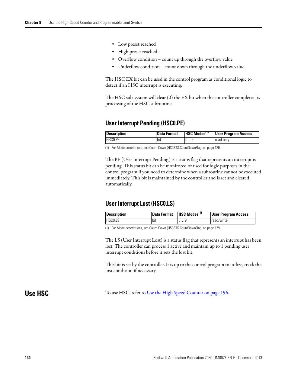 User interrupt pending (hsc0.pe), User interrupt lost (hsc0.ls), Use hsc | Rockwell Automation 2080-LC50 Micro830 and Micro850 Programmable Controllers User Manual User Manual | Page 160 / 270