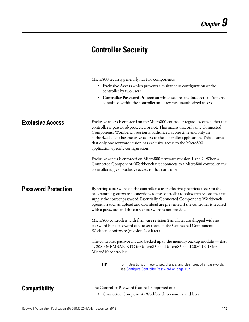 9 - controller security, Exclusive access, Password protection | Compatibility, Chapter 9, Controller security, Exclusive access password protection compatibility, Chapter | Rockwell Automation 2080-LC50 Micro830 and Micro850 Programmable Controllers User Manual User Manual | Page 161 / 270