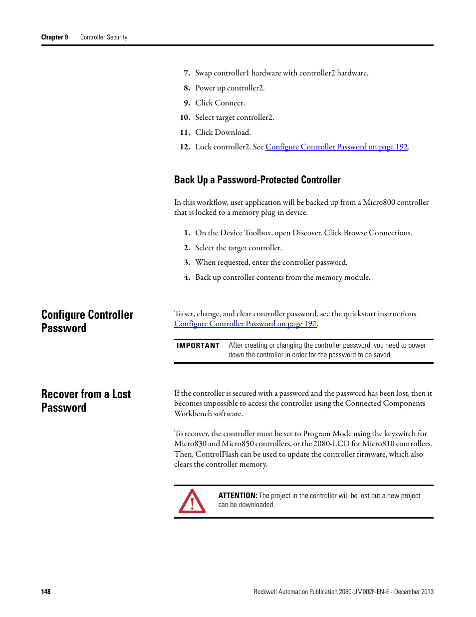 Back up a password-protected controller, Configure controller password, Recover from a lost password | Rockwell Automation 2080-LC50 Micro830 and Micro850 Programmable Controllers User Manual User Manual | Page 164 / 270