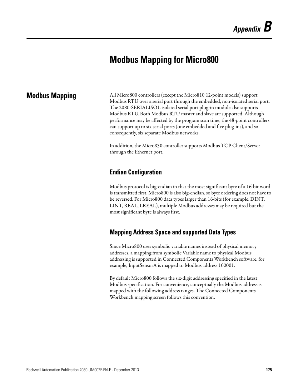 C - modbus mapping for micro800, Modbus mapping, Endian configuration | Mapping address space and supported data types, Appendix b, Modbus mapping for micro800, Modbus mapping for | Rockwell Automation 2080-LC50 Micro830 and Micro850 Programmable Controllers User Manual User Manual | Page 191 / 270