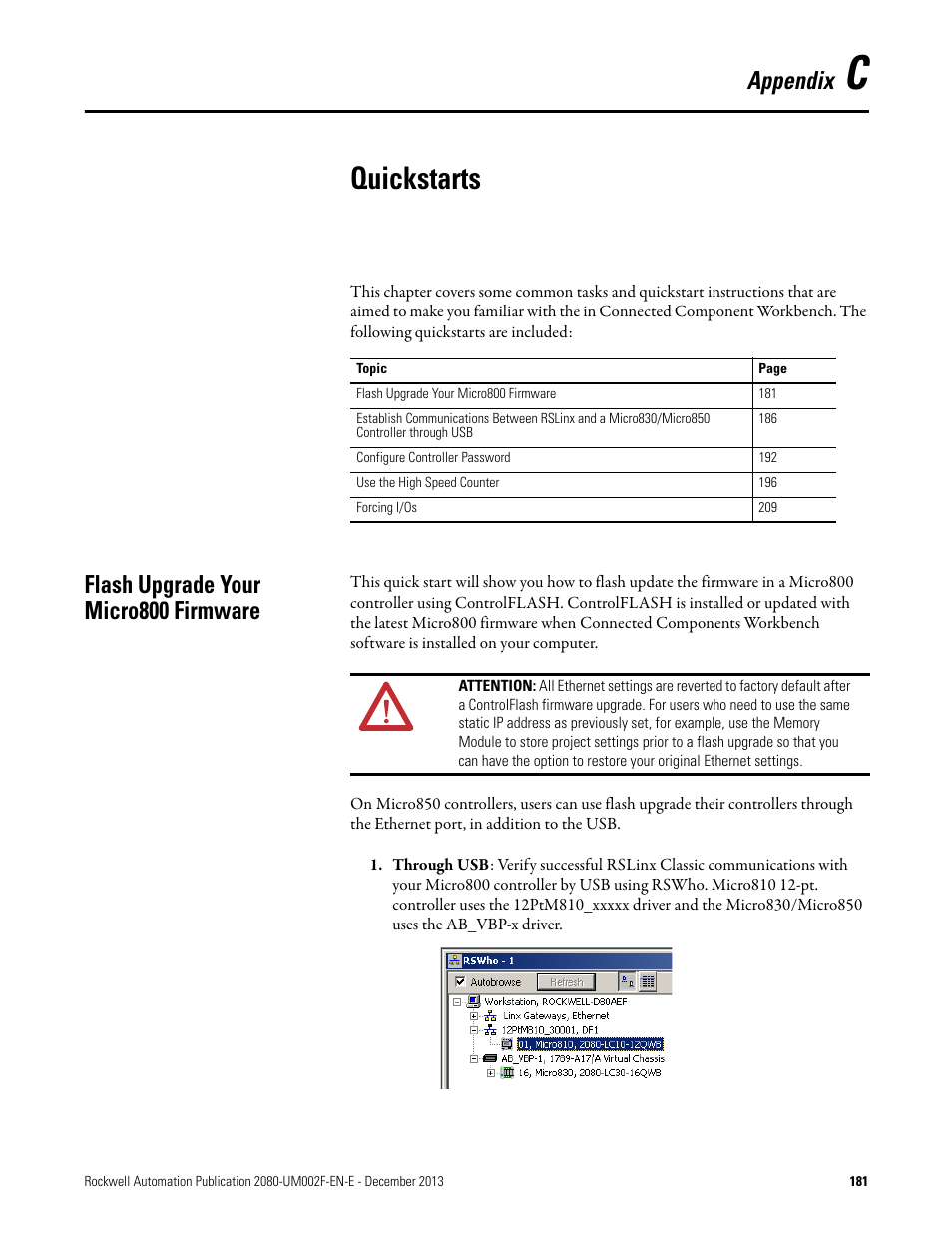 B - quickstarts, Flash upgrade your micro800 firmware, Appendix c | Quickstarts, Appendix | Rockwell Automation 2080-LC50 Micro830 and Micro850 Programmable Controllers User Manual User Manual | Page 197 / 270