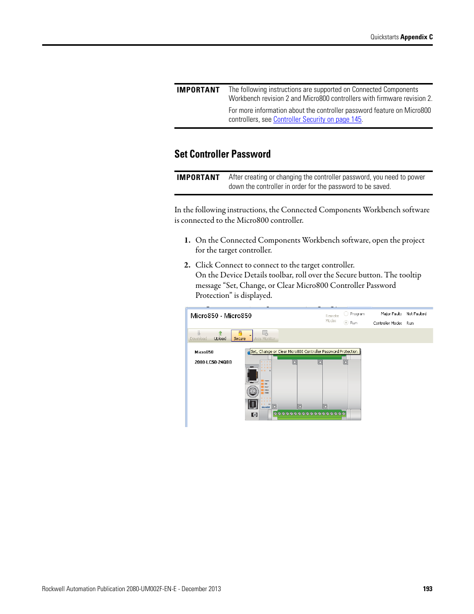 Set controller password | Rockwell Automation 2080-LC50 Micro830 and Micro850 Programmable Controllers User Manual User Manual | Page 209 / 270