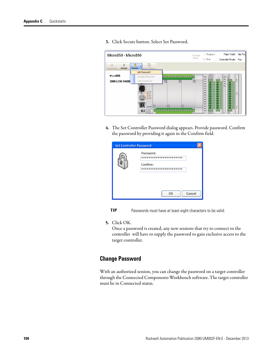 Change password | Rockwell Automation 2080-LC50 Micro830 and Micro850 Programmable Controllers User Manual User Manual | Page 210 / 270