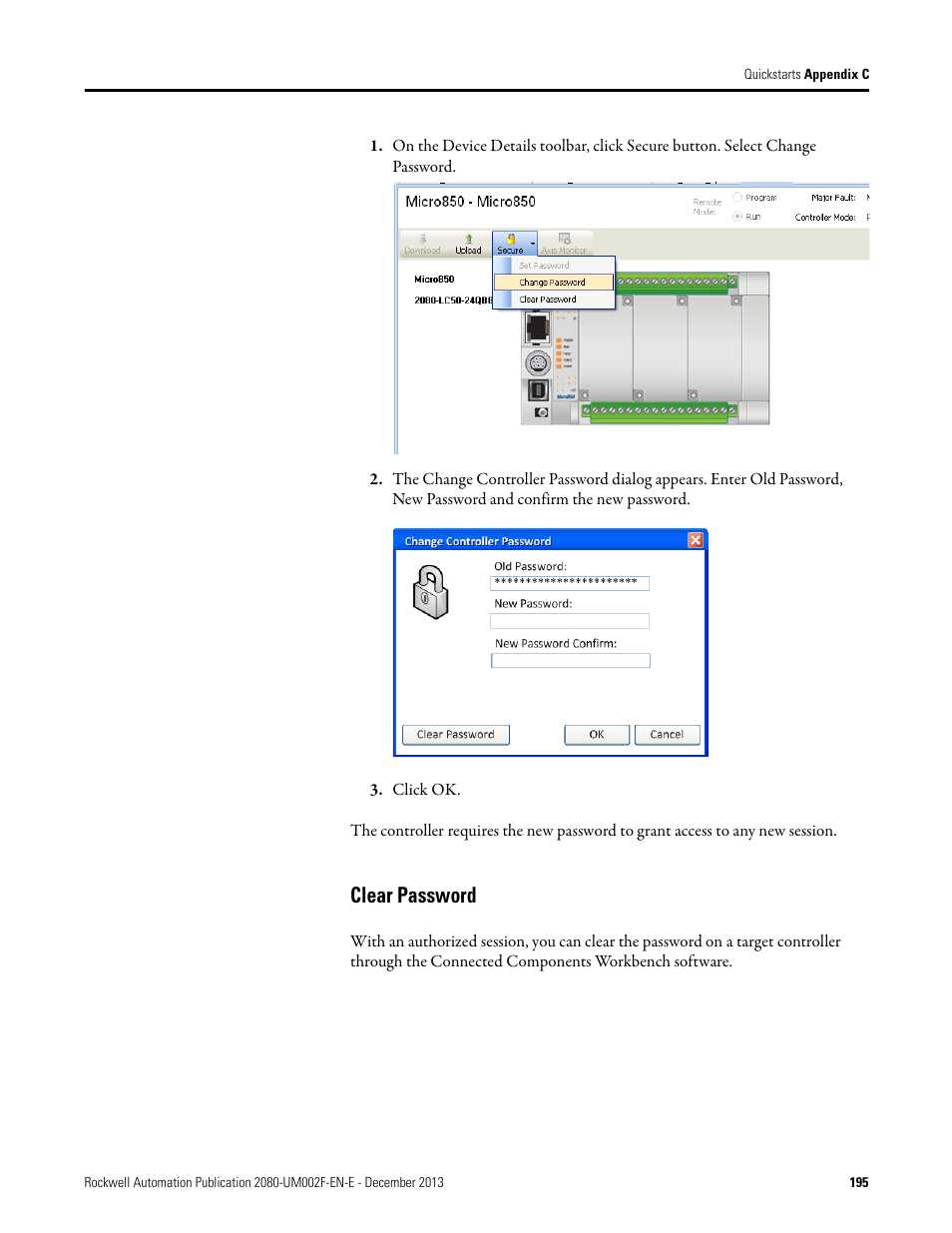 Clear password | Rockwell Automation 2080-LC50 Micro830 and Micro850 Programmable Controllers User Manual User Manual | Page 211 / 270