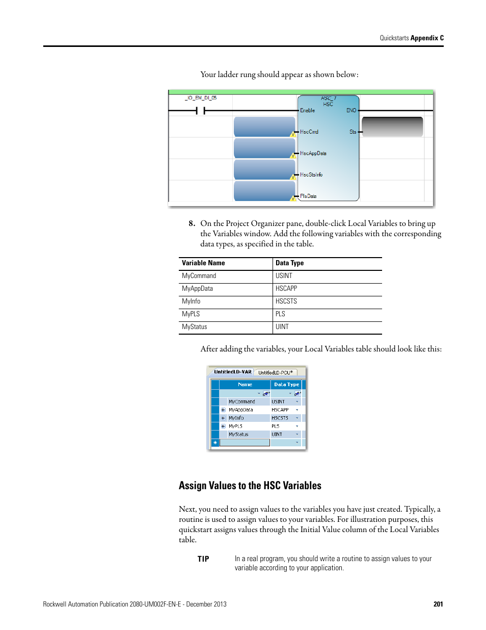 Assign values to the hsc variables | Rockwell Automation 2080-LC50 Micro830 and Micro850 Programmable Controllers User Manual User Manual | Page 217 / 270