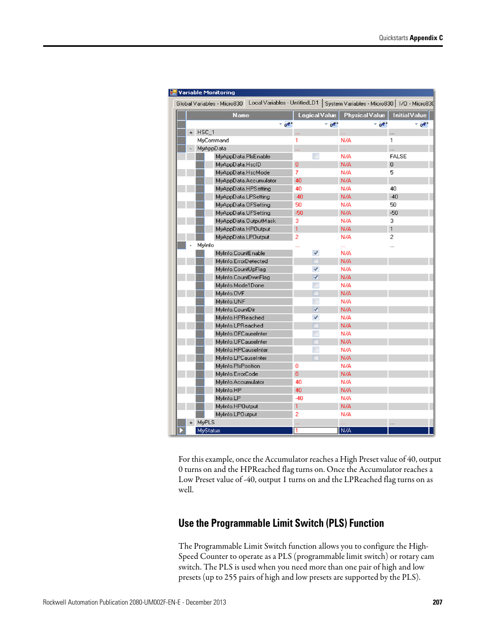 Use the programmable limit switch (pls) function | Rockwell Automation 2080-LC50 Micro830 and Micro850 Programmable Controllers User Manual User Manual | Page 223 / 270