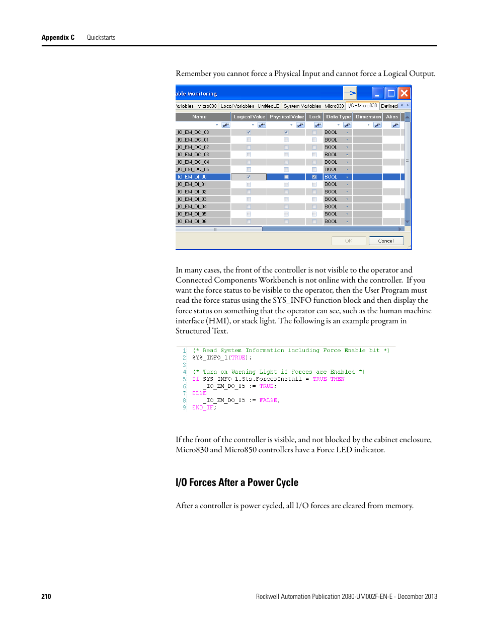 I/o forces after a power cycle | Rockwell Automation 2080-LC50 Micro830 and Micro850 Programmable Controllers User Manual User Manual | Page 226 / 270