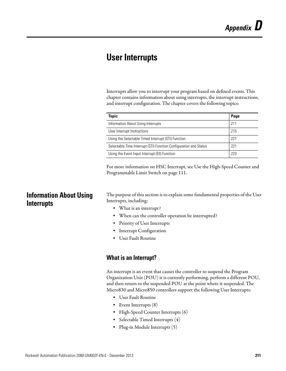 D - user interrupts, Information about using interrupts, What is an interrupt | Appendix d, User interrupts, Appendix | Rockwell Automation 2080-LC50 Micro830 and Micro850 Programmable Controllers User Manual User Manual | Page 227 / 270