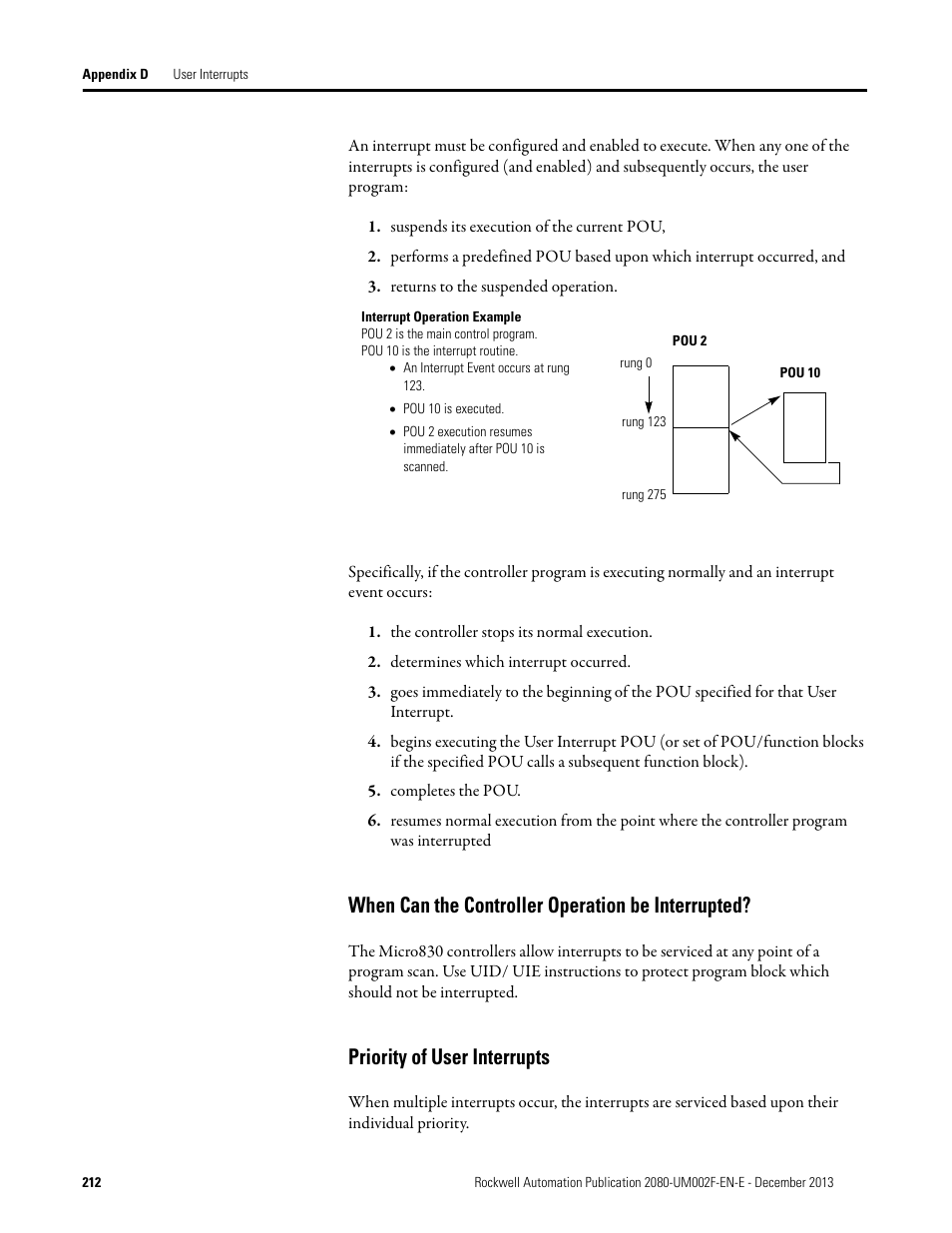 When can the controller operation be interrupted, Priority of user interrupts | Rockwell Automation 2080-LC50 Micro830 and Micro850 Programmable Controllers User Manual User Manual | Page 228 / 270