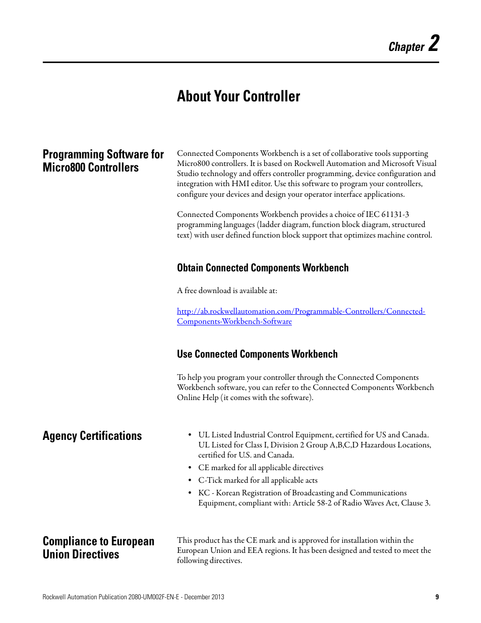 2 - about your controller, Programming software for micro800 controllers, Obtain connected components workbench | Use connected components workbench, Agency certifications, Compliance to european union directives, Chapter 2, About your controller | Rockwell Automation 2080-LC50 Micro830 and Micro850 Programmable Controllers User Manual User Manual | Page 23 / 270