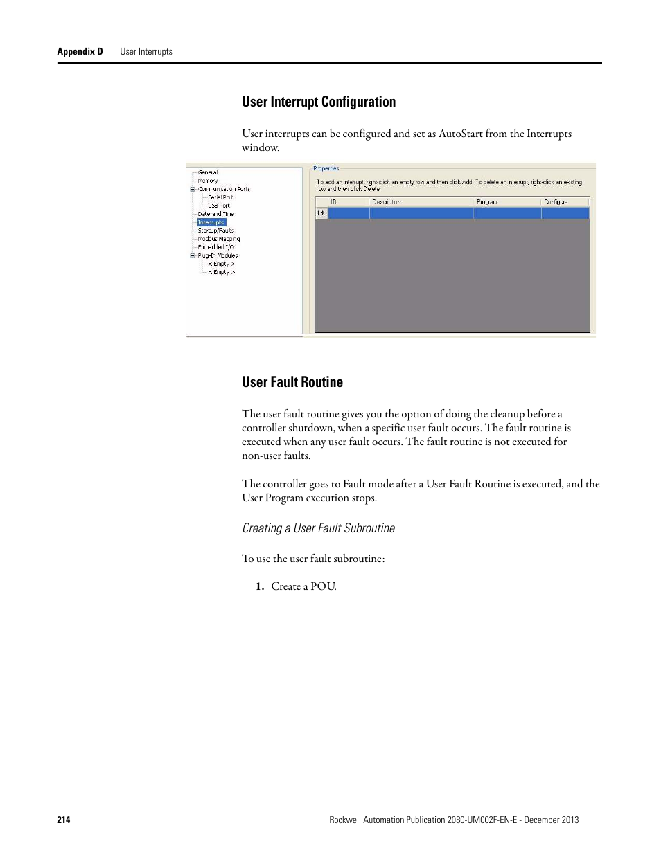 User interrupt configuration, User fault routine, Creating a user fault subroutine | User interrupt configuration user fault routine | Rockwell Automation 2080-LC50 Micro830 and Micro850 Programmable Controllers User Manual User Manual | Page 230 / 270