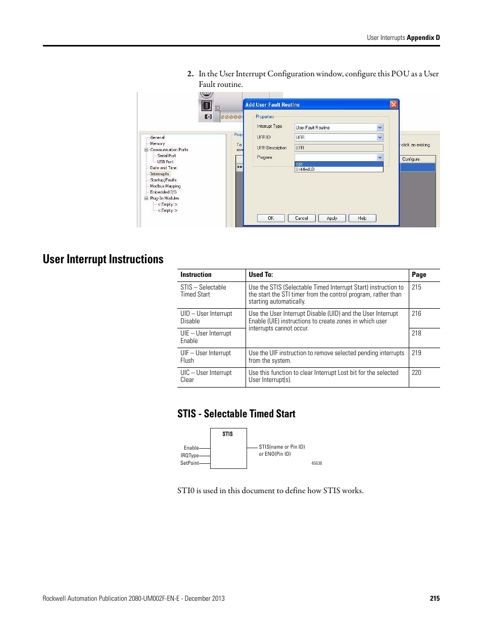 User interrupt instructions, Stis - selectable timed start | Rockwell Automation 2080-LC50 Micro830 and Micro850 Programmable Controllers User Manual User Manual | Page 231 / 270