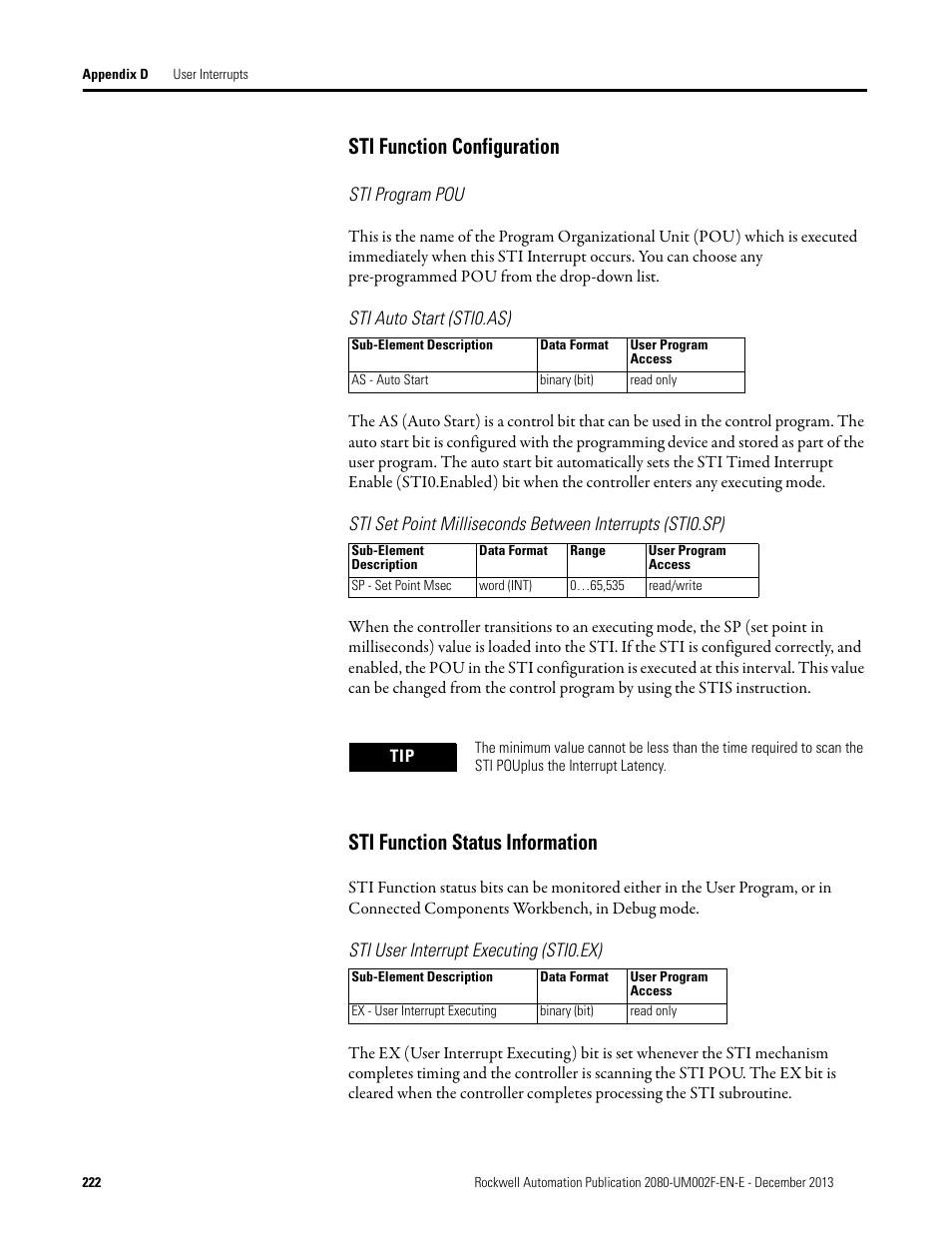 Sti function configuration, Sti program pou, Sti auto start (sti0.as) | Sti function status information, Sti user interrupt executing (sti0.ex) | Rockwell Automation 2080-LC50 Micro830 and Micro850 Programmable Controllers User Manual User Manual | Page 238 / 270