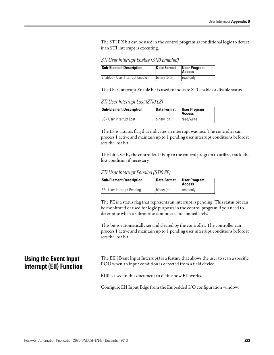 Sti user interrupt enable (sti0.enabled), Sti user interrupt lost (sti0.ls), Sti user interrupt pending (sti0.pe) | Using the event input interrupt (eii) function | Rockwell Automation 2080-LC50 Micro830 and Micro850 Programmable Controllers User Manual User Manual | Page 239 / 270