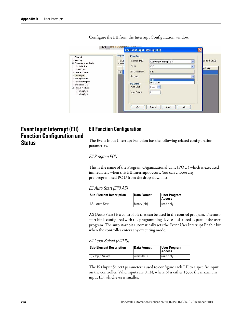 Eii function configuration, Eii program pou, Eii auto start (eii0.as) | Eii input select (eii0.is) | Rockwell Automation 2080-LC50 Micro830 and Micro850 Programmable Controllers User Manual User Manual | Page 240 / 270