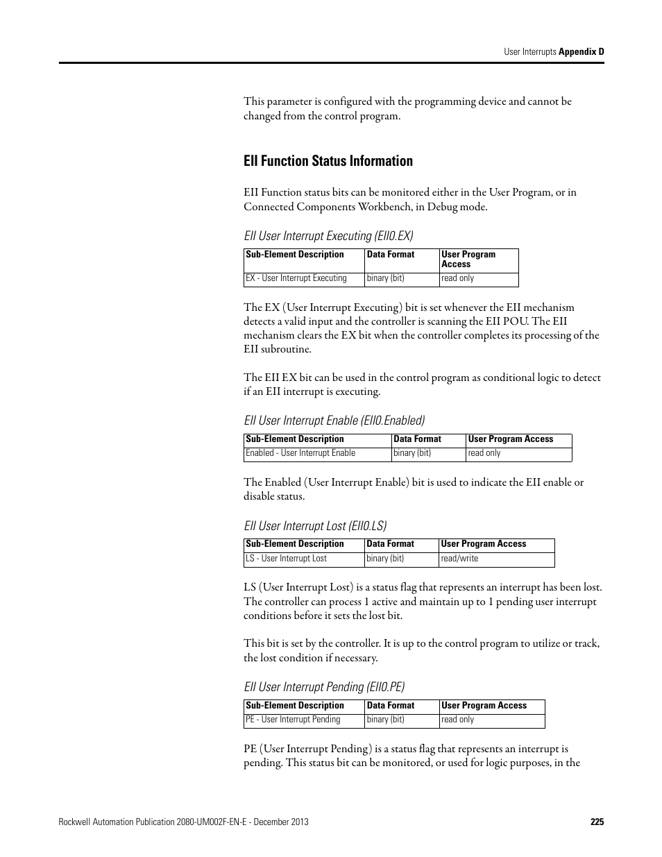 Eii function status information, Eii user interrupt executing (eii0.ex), Eii user interrupt enable (eii0.enabled) | Eii user interrupt lost (eii0.ls), Eii user interrupt pending (eii0.pe) | Rockwell Automation 2080-LC50 Micro830 and Micro850 Programmable Controllers User Manual User Manual | Page 241 / 270