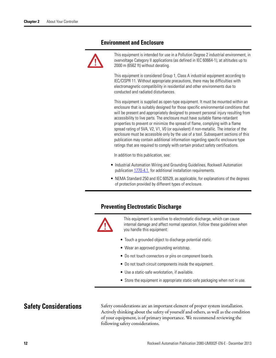 Environment and enclosure, Preventing electrostatic discharge, Safety considerations | Rockwell Automation 2080-LC50 Micro830 and Micro850 Programmable Controllers User Manual User Manual | Page 26 / 270