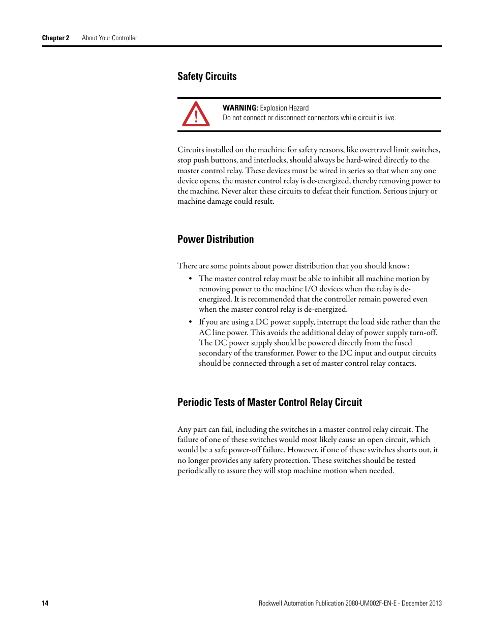 Safety circuits, Power distribution, Periodic tests of master control relay circuit | Rockwell Automation 2080-LC50 Micro830 and Micro850 Programmable Controllers User Manual User Manual | Page 28 / 270