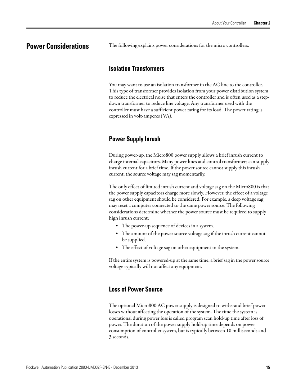 Power considerations, Isolation transformers, Power supply inrush | Loss of power source | Rockwell Automation 2080-LC50 Micro830 and Micro850 Programmable Controllers User Manual User Manual | Page 29 / 270