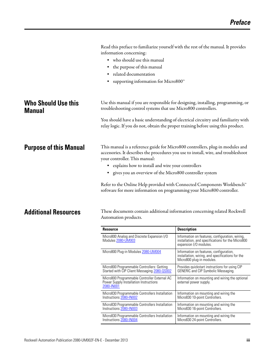 Preface, Who should use this manual, Purpose of this manual | Additional resources | Rockwell Automation 2080-LC50 Micro830 and Micro850 Programmable Controllers User Manual User Manual | Page 3 / 270
