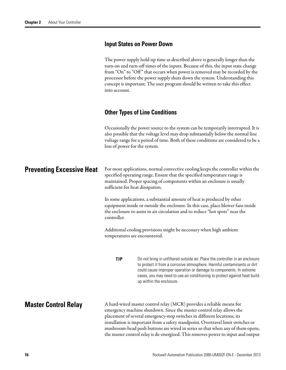 Input states on power down, Other types of line conditions, Preventing excessive heat | Master control relay, Preventing excessive heat master control relay | Rockwell Automation 2080-LC50 Micro830 and Micro850 Programmable Controllers User Manual User Manual | Page 30 / 270