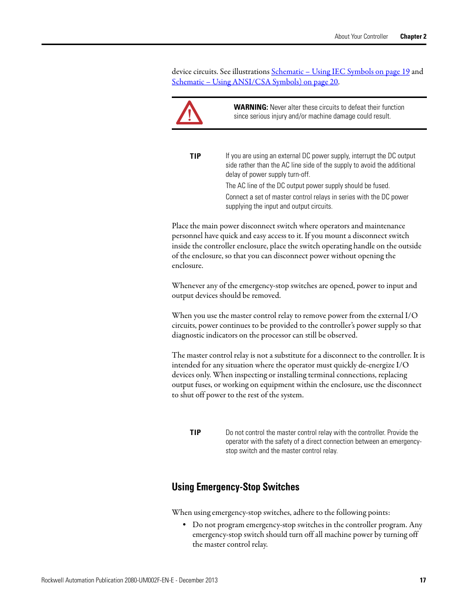 Using emergency-stop switches | Rockwell Automation 2080-LC50 Micro830 and Micro850 Programmable Controllers User Manual User Manual | Page 31 / 270